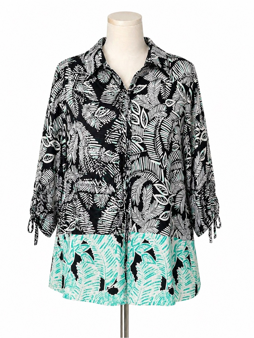 New Directions Floral Black White Mint Green Leaf Button‎ Up 3/4 Sleeve Size XL